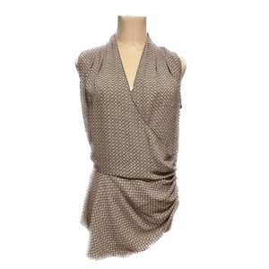 Chelsea 28 Geometric Khaki-Orange-White wrap top with side buttons, Size Small